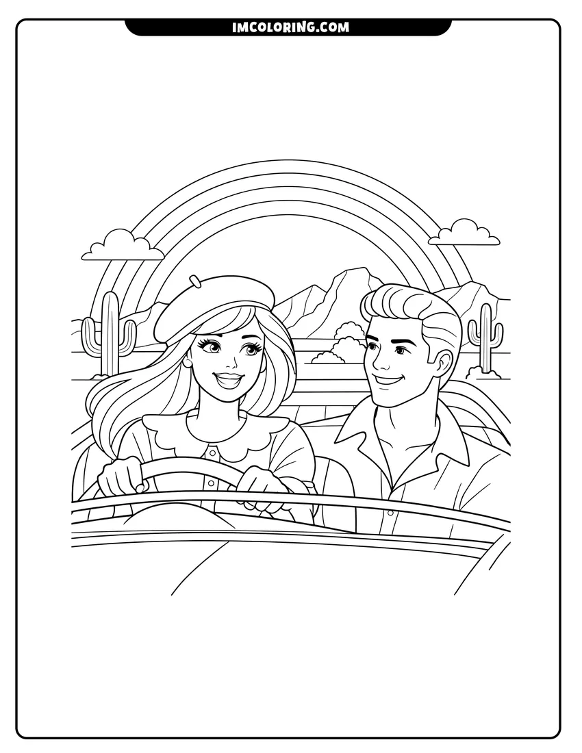 Illustration of Barbie and Ken driving under a rainbow ready for painting