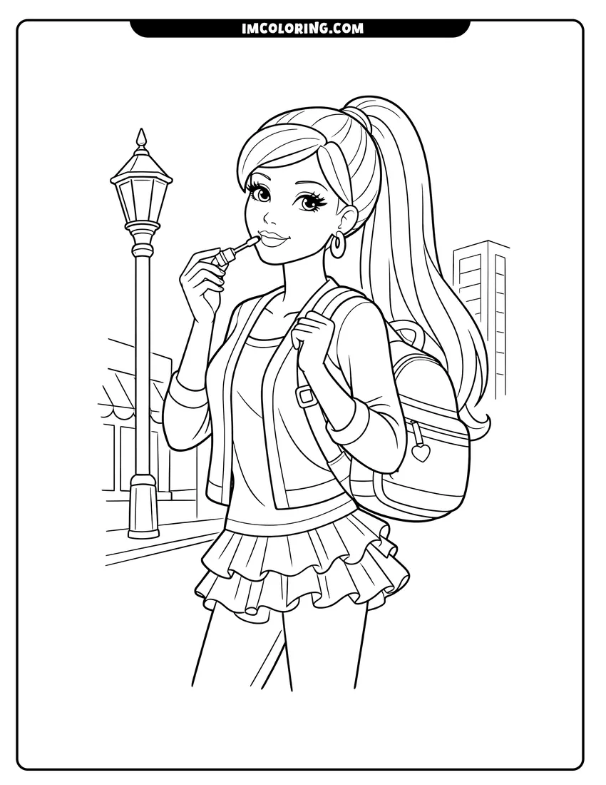 Printable Barbie applying lip gloss on a city street coloring activity