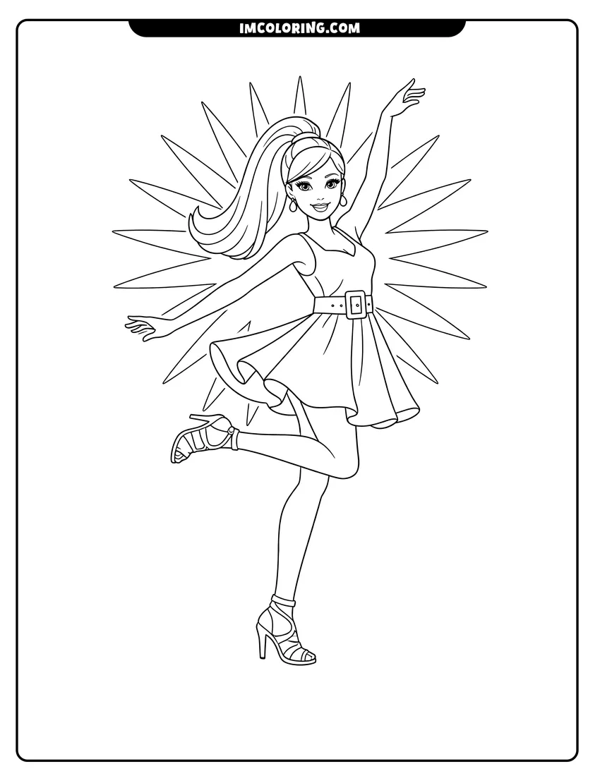 Kawaii style Barbie in a dancing pose with sunburst coloring picture