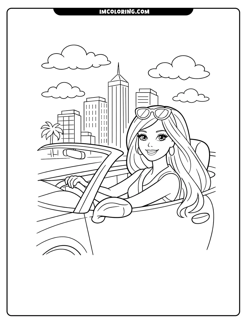 Illustration of Barbie driving a sleek convertible in the city ready for painting