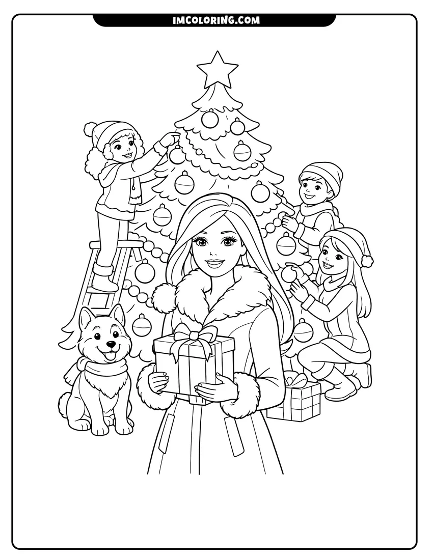 Coloring sheet of Barbie and friends decorating a Christmas tree for kids