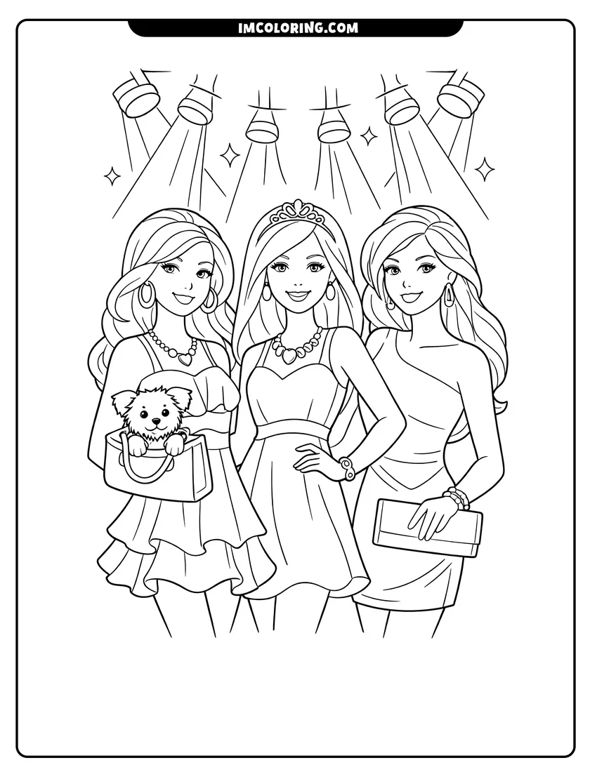 Scene showing Three stylish friends posing under spotlights to color