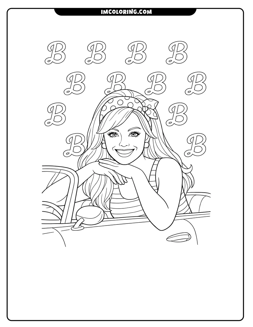 Kawaii style Barbie leaning on a car with logo background coloring picture