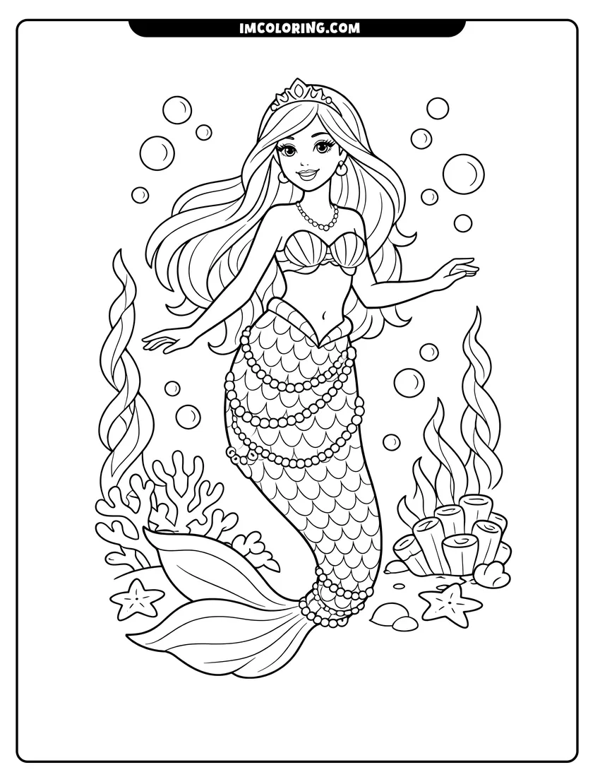 Mermaid Barbie with a pearl-adorned tail coloring page for preschoolers