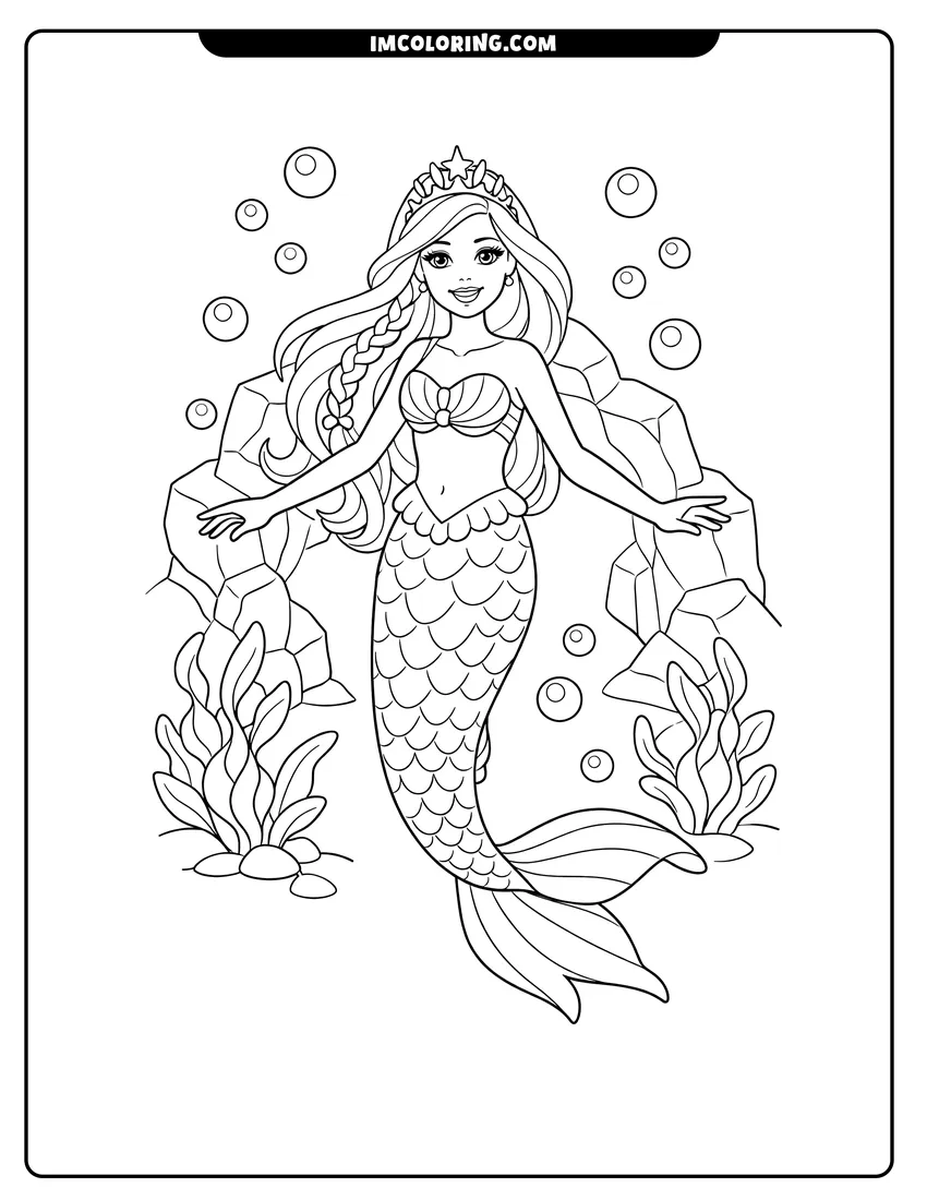 Printable coloring page featuring Mermaid Barbie floating in front of a grotto