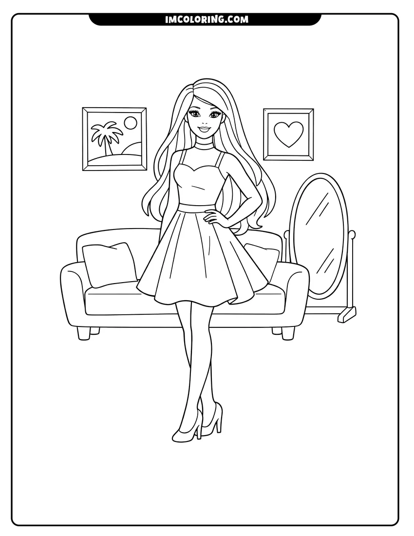Detailed Barbie standing in her living room design for coloring