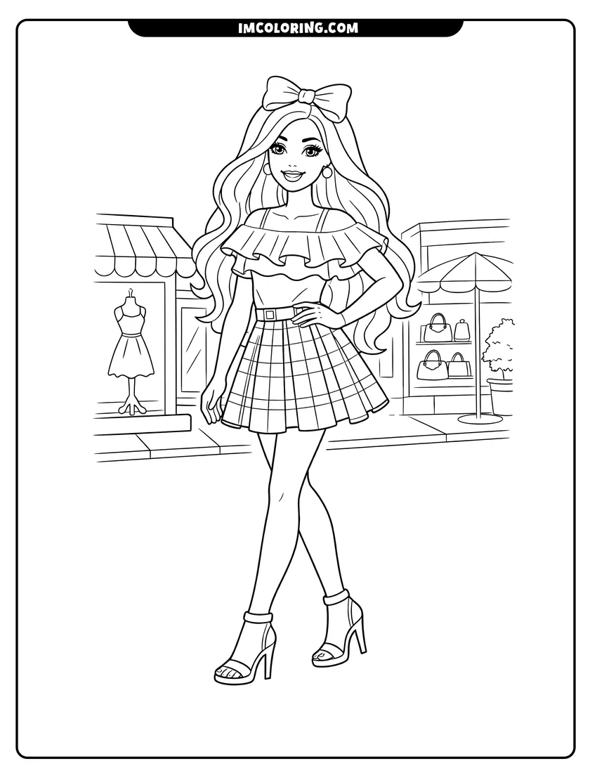 Printable outline of Barbie walking on a sidewalk in front of stores