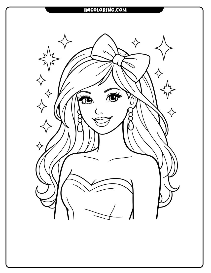 Smiling woman against a background of stars coloring page for preschoolers