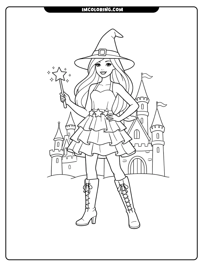 Scene showing Barbie wearing a witch hat in front of a castle to color