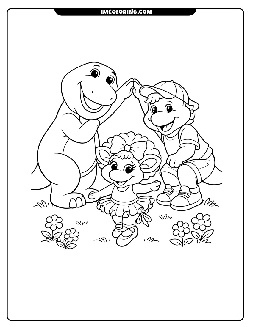 Coloring sheet of Barney and BJ forming a bridge for Baby Bop for kids