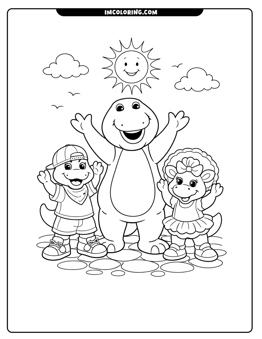 Detailed Barney, BJ, and Baby Bop under a sunny sky design for coloring