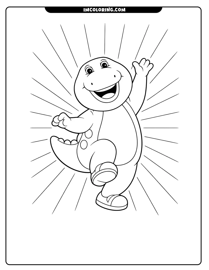 Kids activity sheet showing Barney dancing with radiating lines