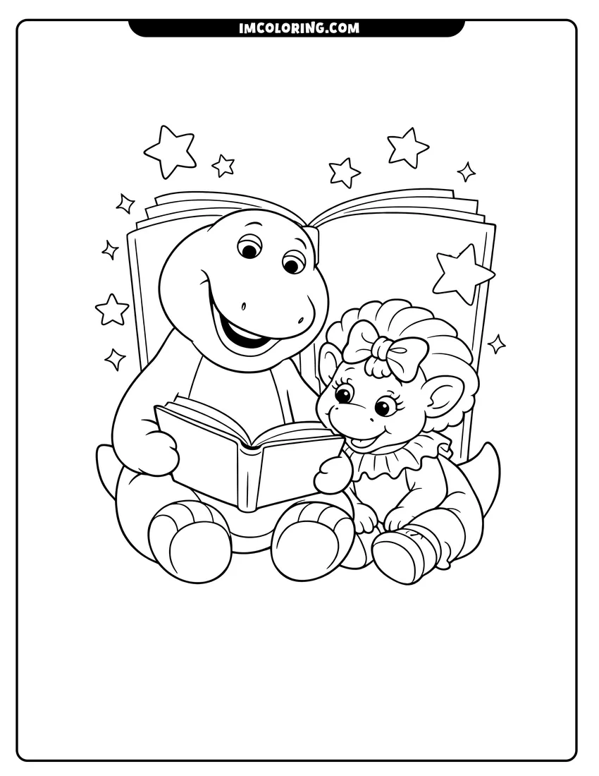 Simple line drawing of Barney reading a book to Baby Bop