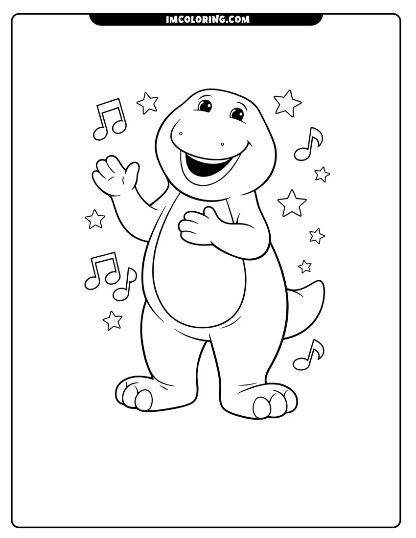 Line art depicting Barney waving with musical notes