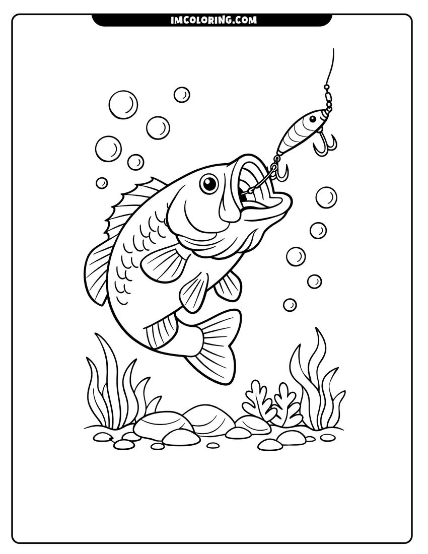 Line art depicting Bass hooked on a fishing lure near plants