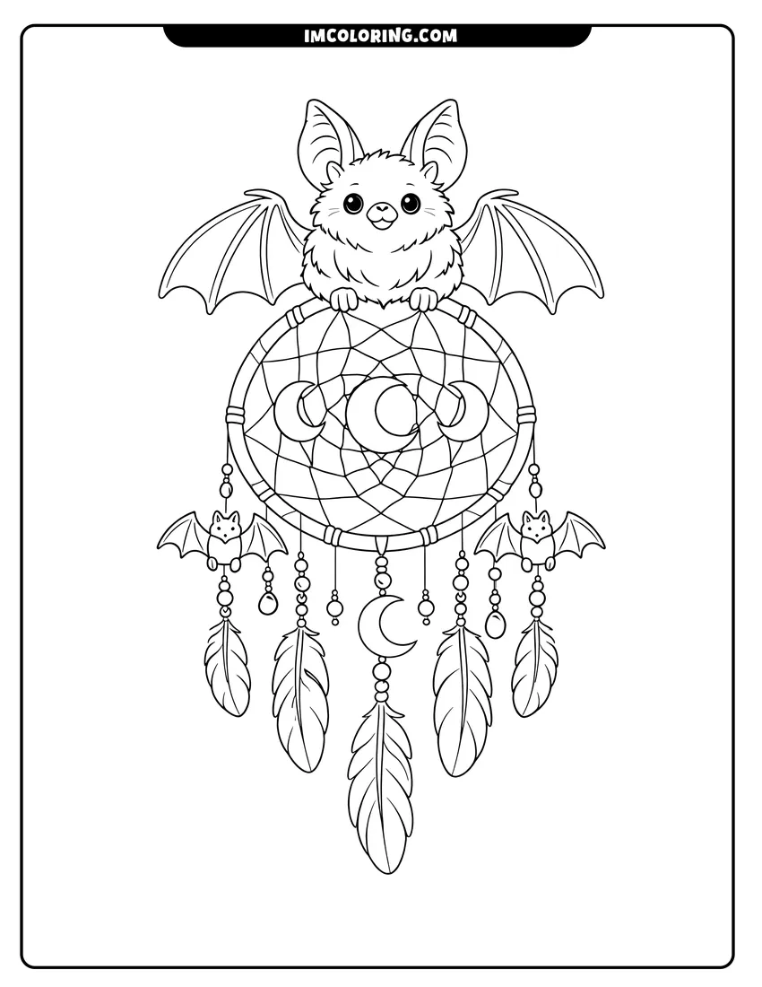 Kids activity sheet showing Bat sitting on a dreamcatcher with hanging feathers
