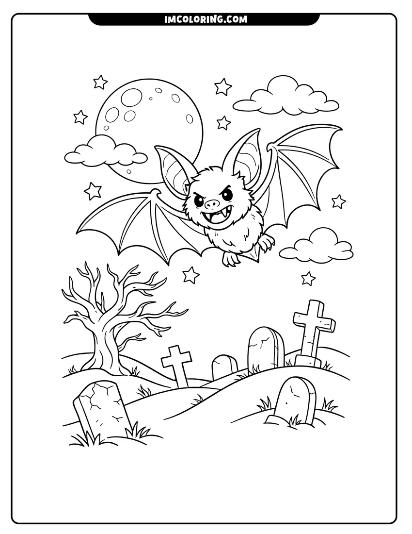 Outline of Bat flying over a graveyard with tombstones on a white background