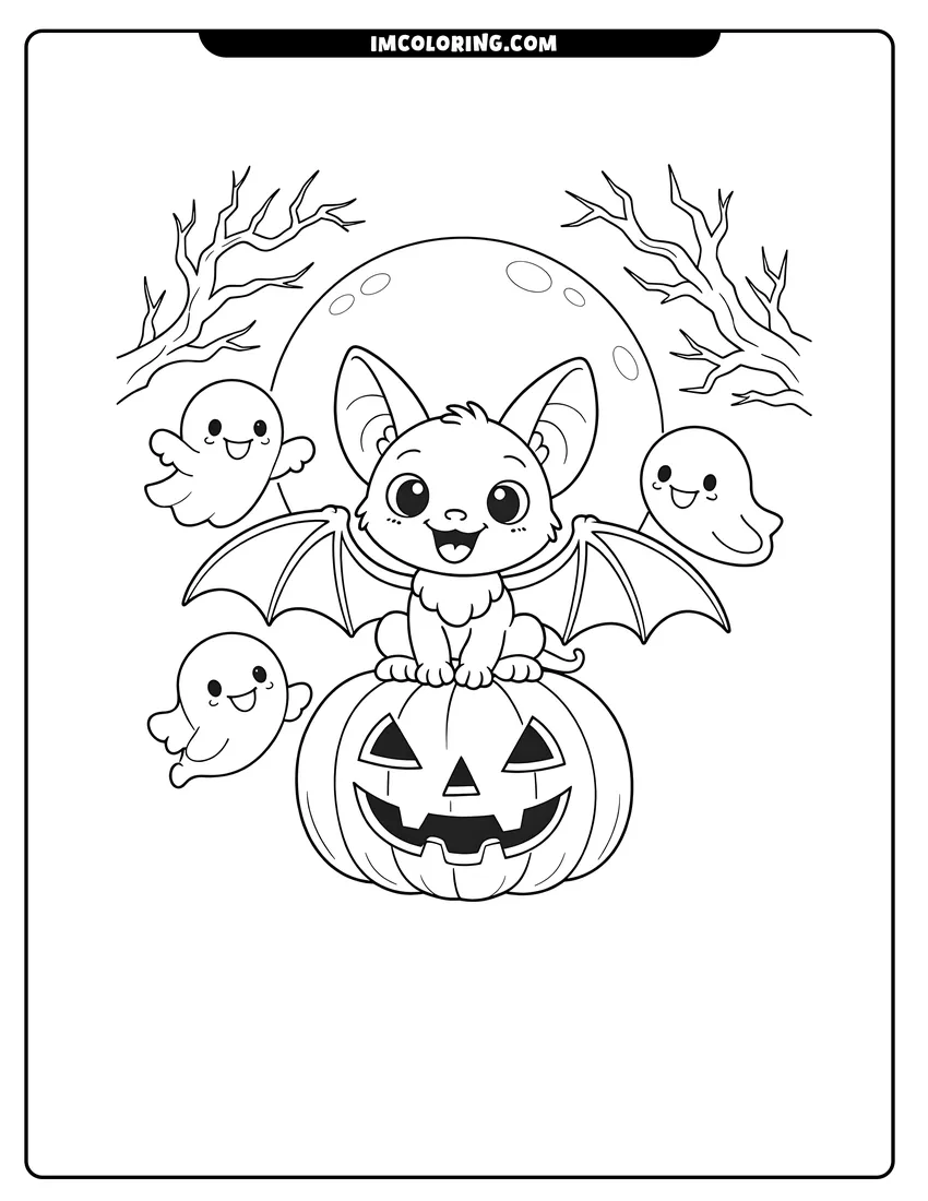 Printable outline of Happy bat sitting on a pumpkin with ghosts