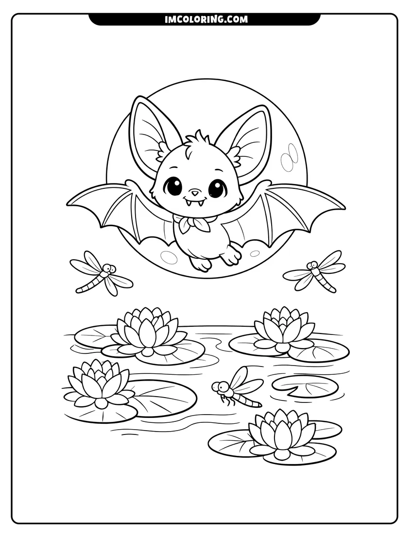 Easy-to-color Bat flying over a pond with lilies and dragonflies illustration
