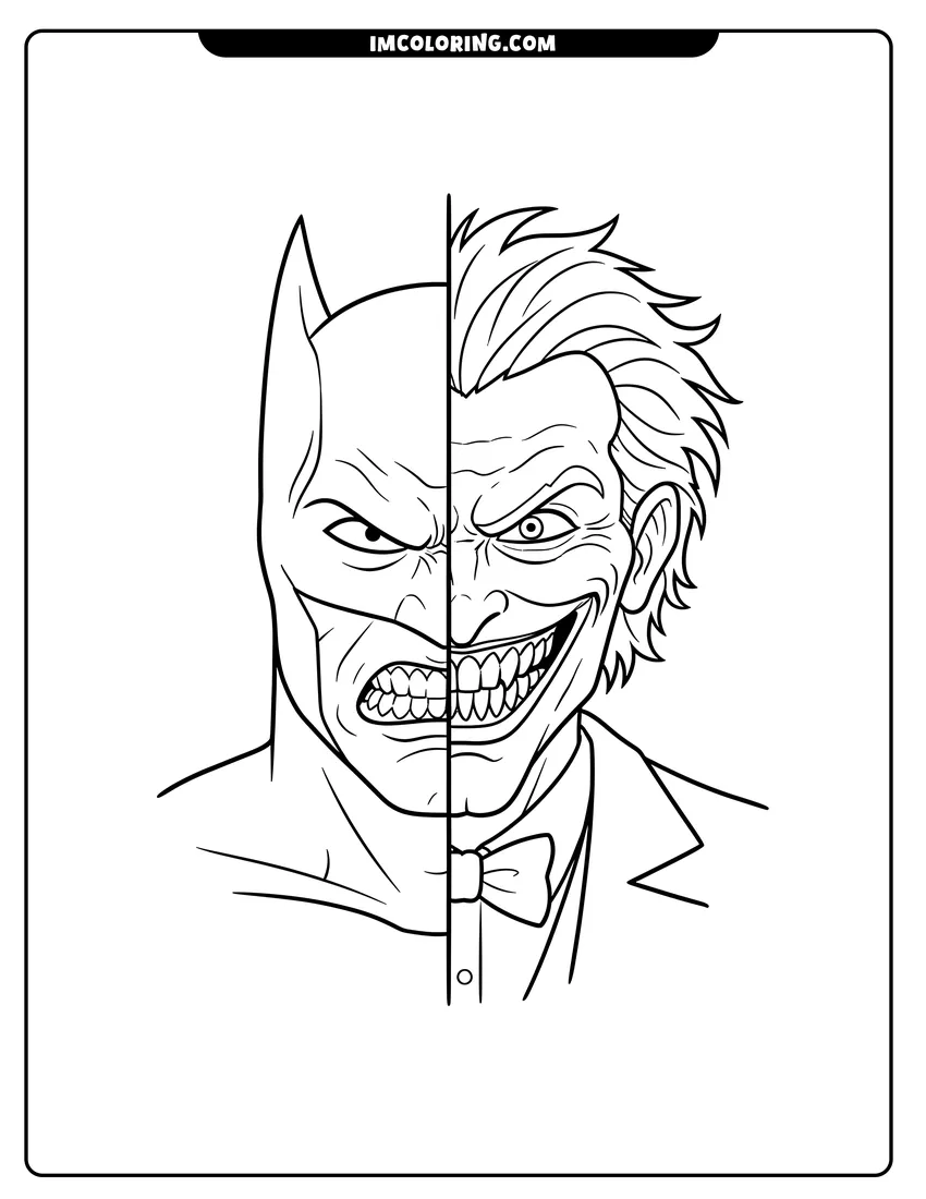 Printable Split-face portrait of Batman and The Joker coloring activity