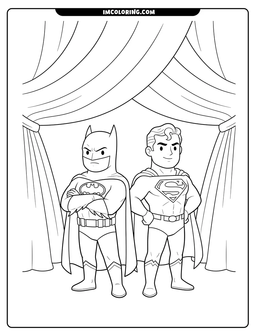 Black and white Batman and Superman standing together with flowing capes coloring sheet