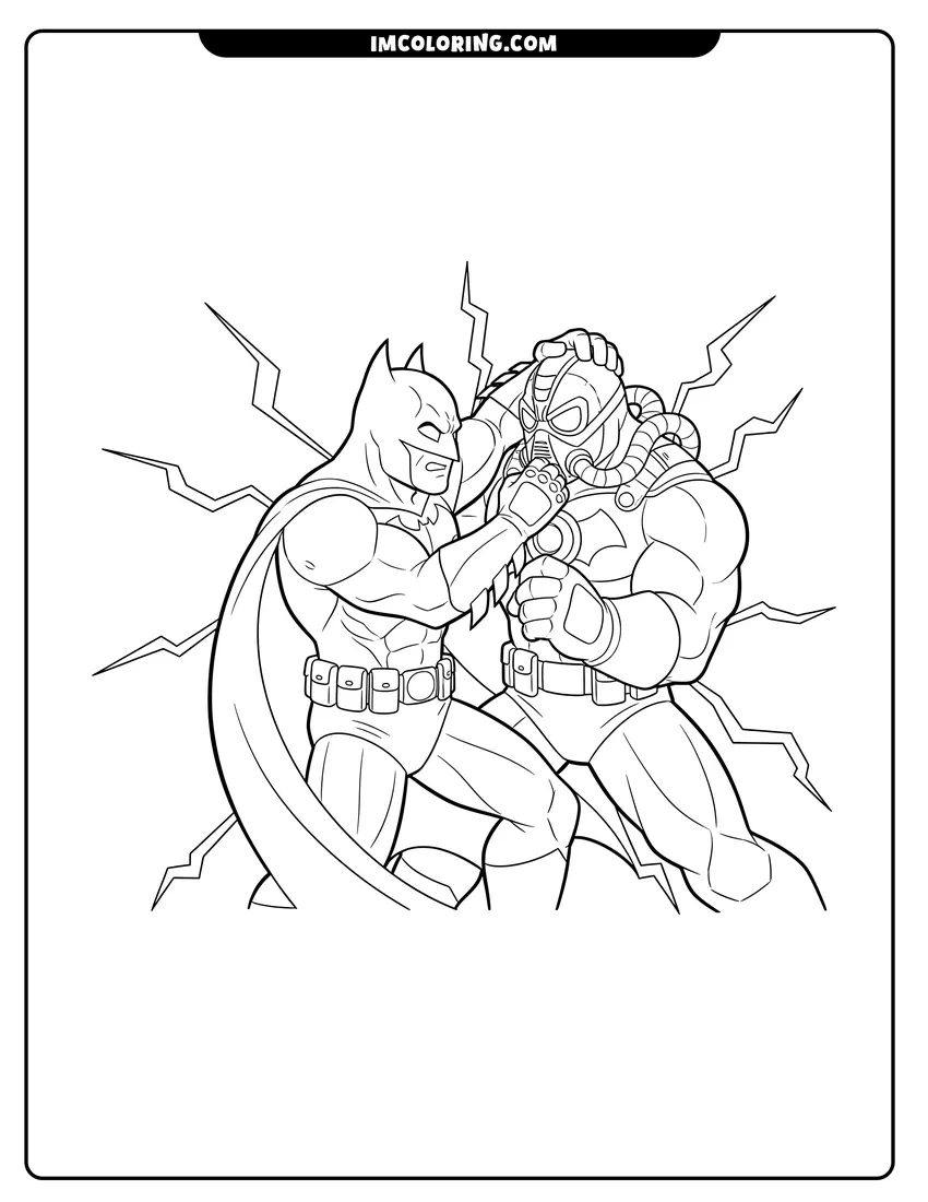 Kawaii style Batman in armored suit fighting the villain Bane coloring picture