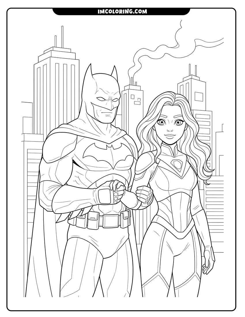 Simple sketch of Armored Batman fighting a female Kryptonian soldier for children
