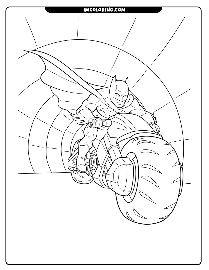 Easy-to-color Batman riding the Batpod motorcycle through a tunnel illustration