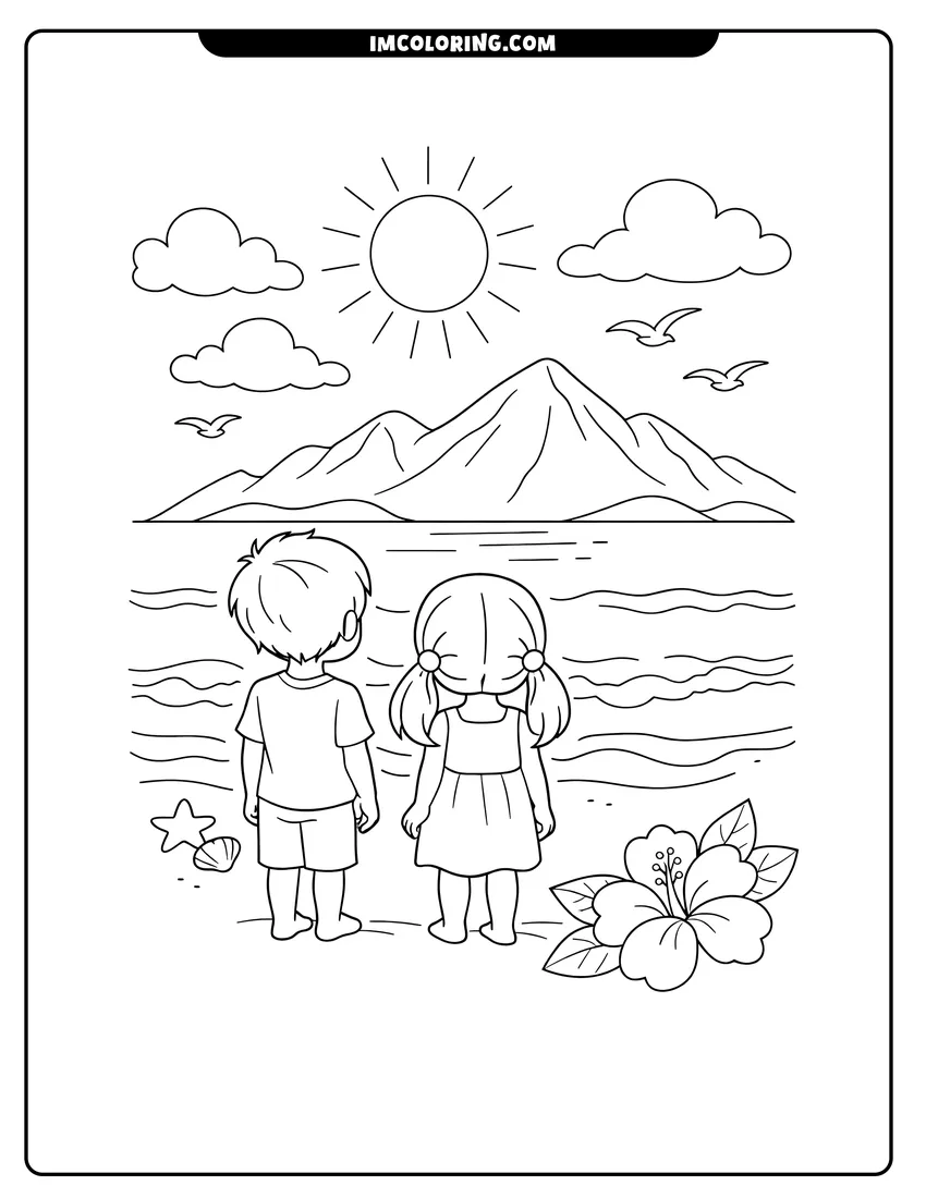 Outline of Calm beach facing a large mountain range on a white background