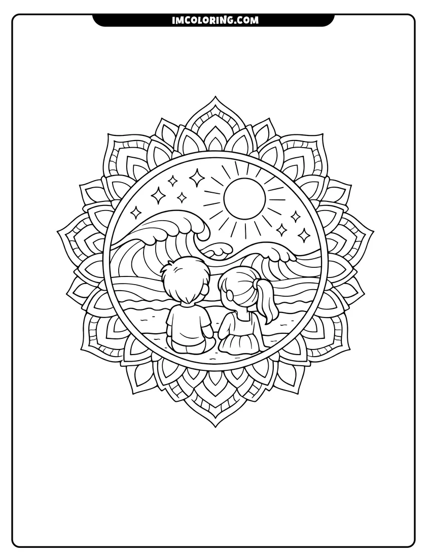 Stylized ocean waves inside a floral mandala pattern coloring page for preschoolers