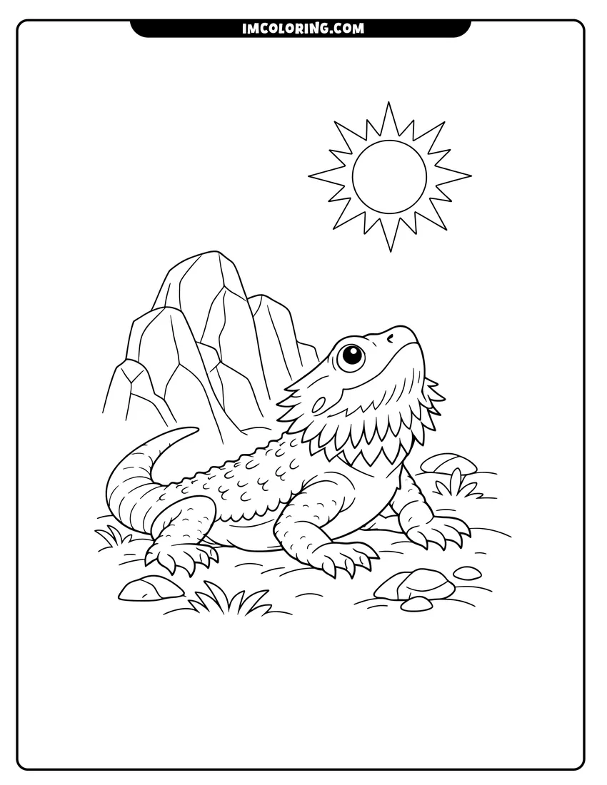Line art depicting Bearded dragon resting on grass under a bright sun
