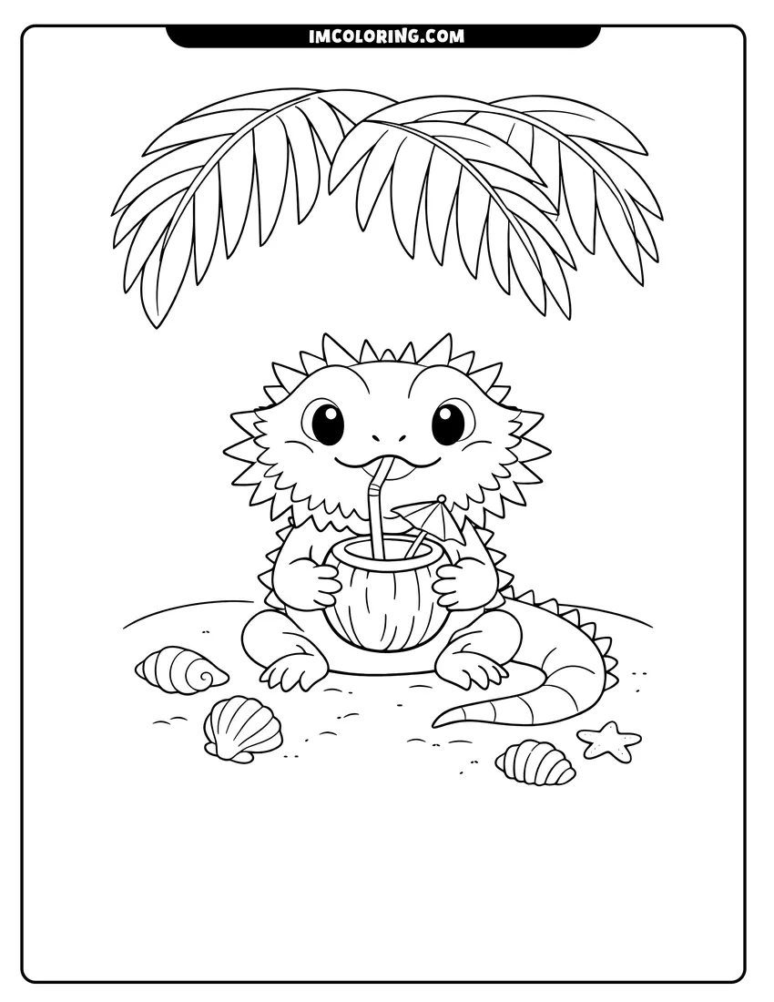 Printable outline of Bearded dragon drinking from a coconut on the beach