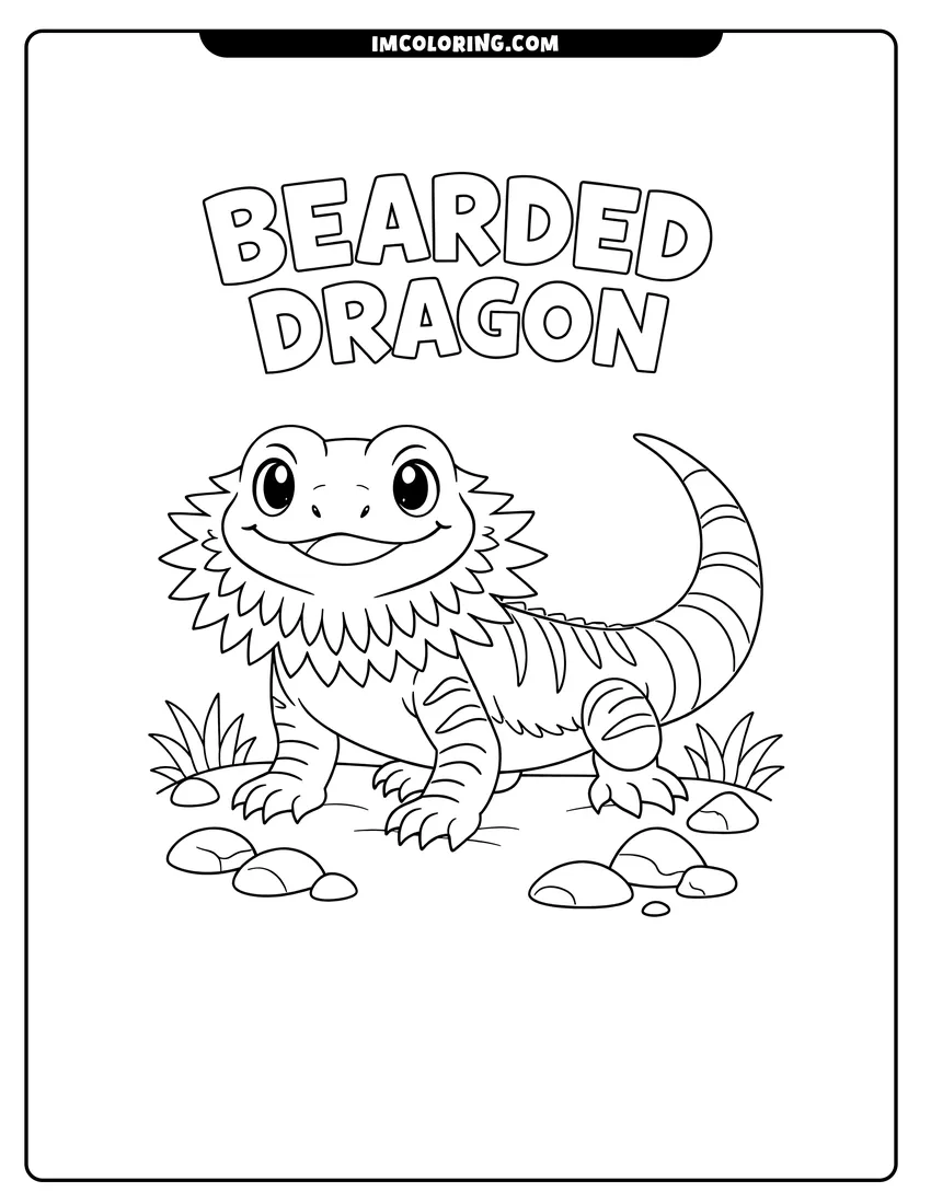 Smiling bearded dragon with "BEARDED DRAGON" text coloring page for preschoolers