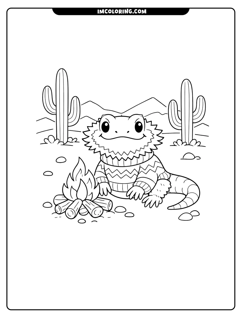 Scene showing Bearded dragon wearing a sweater by a desert bonfire to color