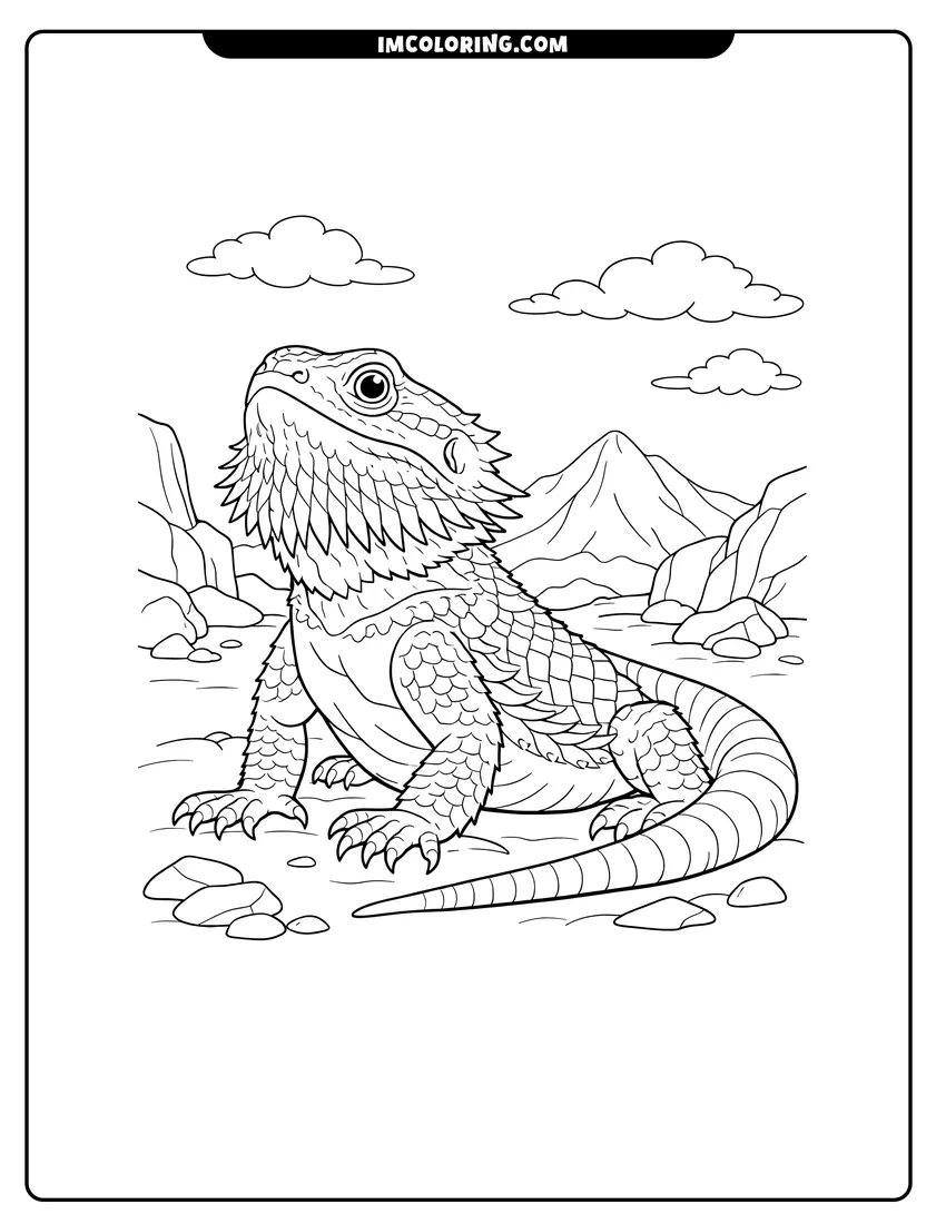 Line art depicting Realistic bearded dragon in a rocky mountain landscape