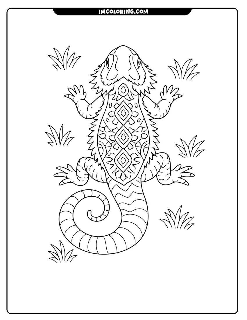 Printable outline of Top view of a bearded dragon on grass