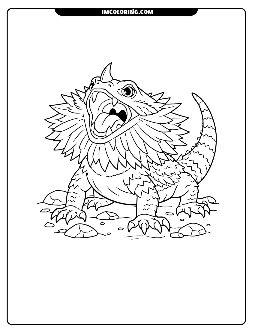 Outline of Bearded dragon with open mouth on desert ground on a white background