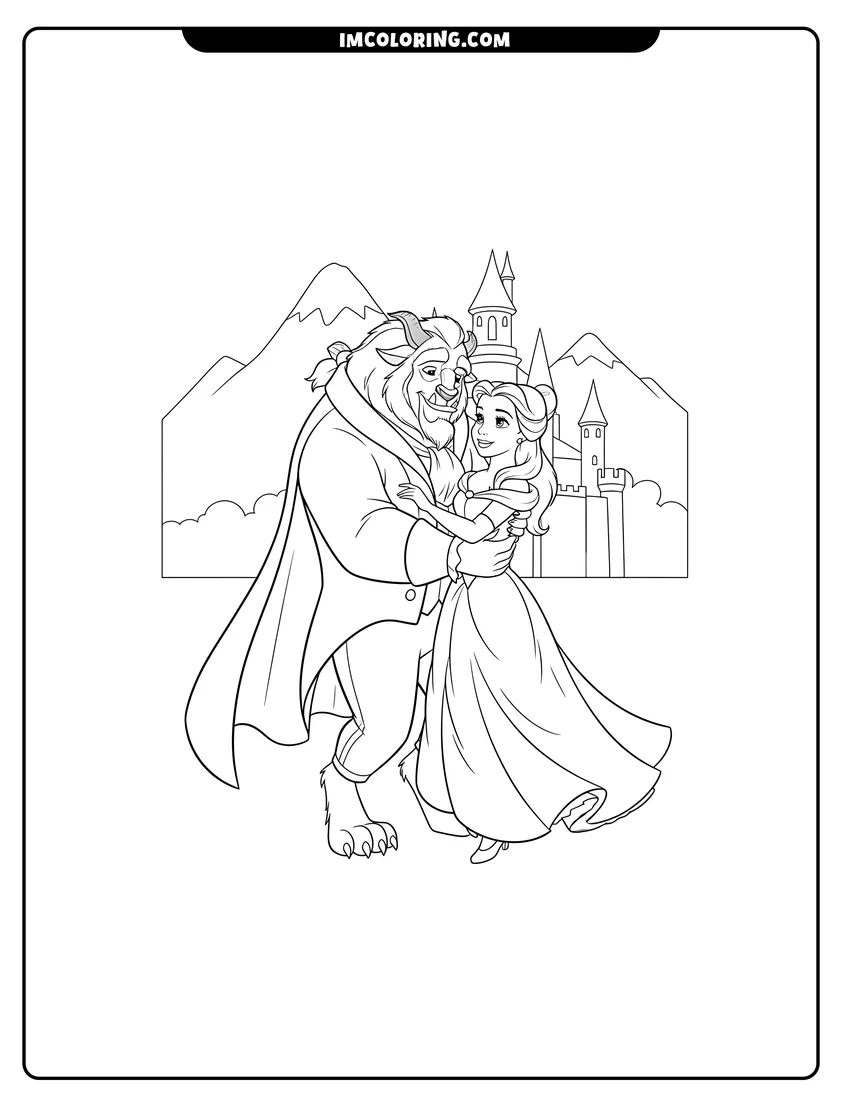 Line art depicting The Beast holding Belle in his arms near mountains