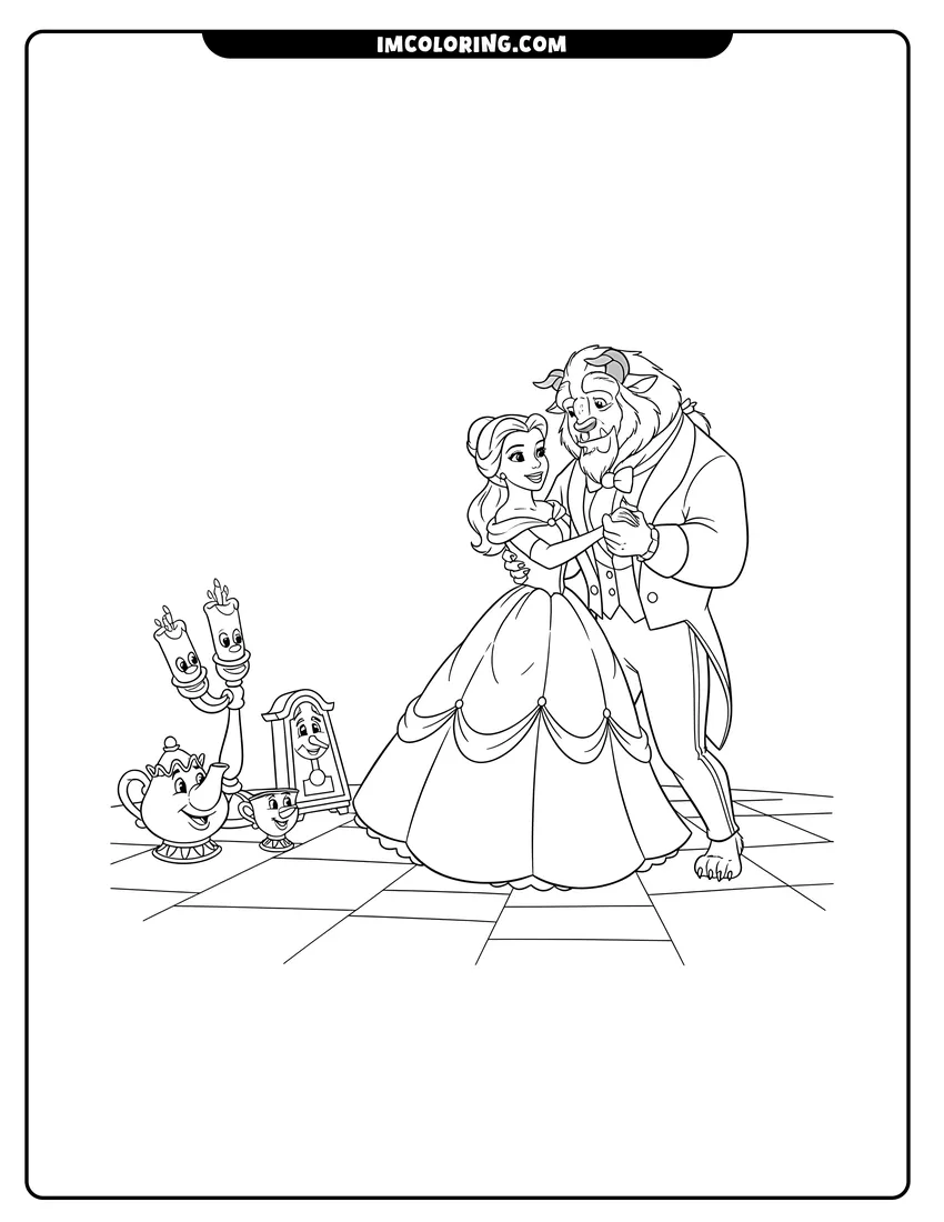 Coloring sheet of Belle dancing with the Beast in the castle garden for kids