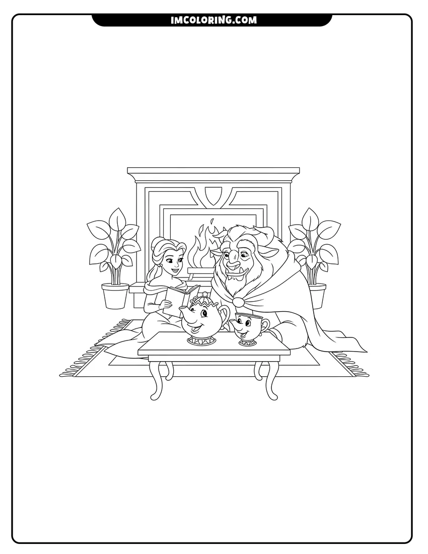 Kids activity sheet showing Belle reading a book to the Beast by fireplace