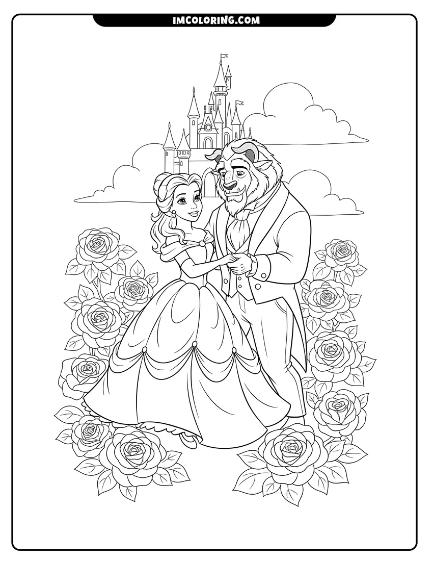 Belle and the Beast dancing in a rose garden coloring page for preschoolers