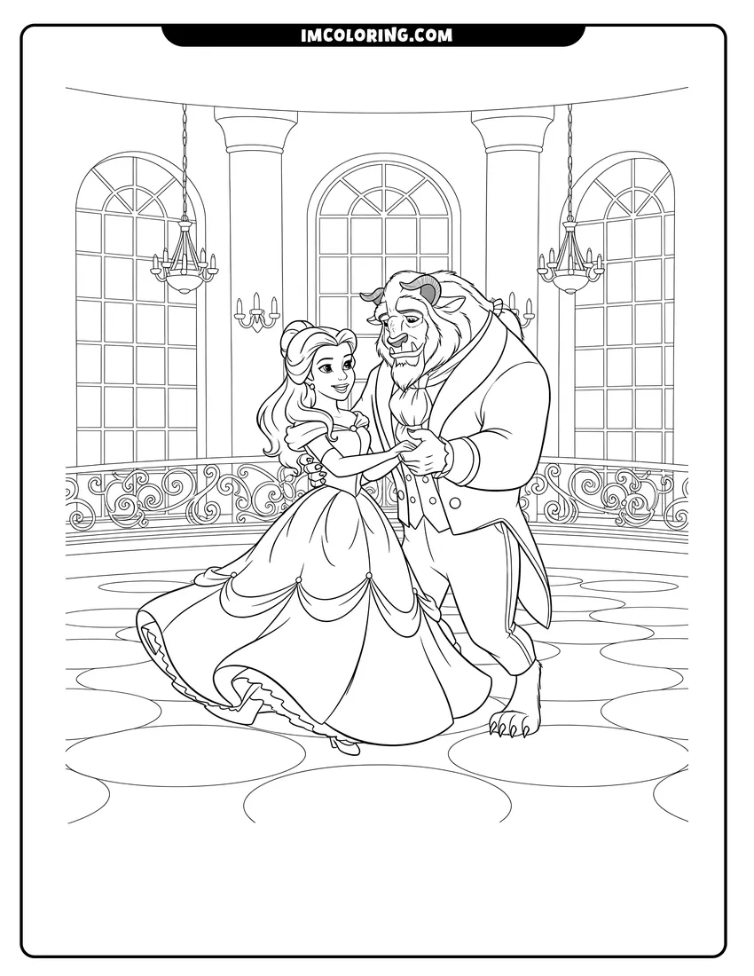 Cute Belle and the Beast dancing in the ballroom outline for coloring