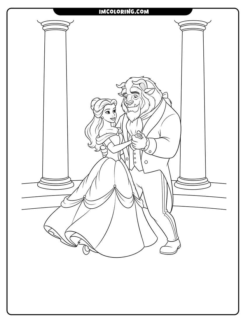 Black and white Belle and the Beast dancing in a ballroom coloring sheet