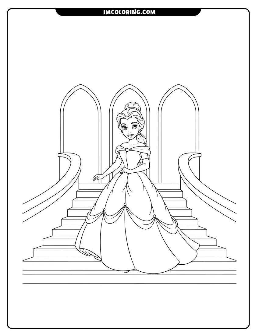 Detailed Princess Belle on a grand castle staircase design for coloring