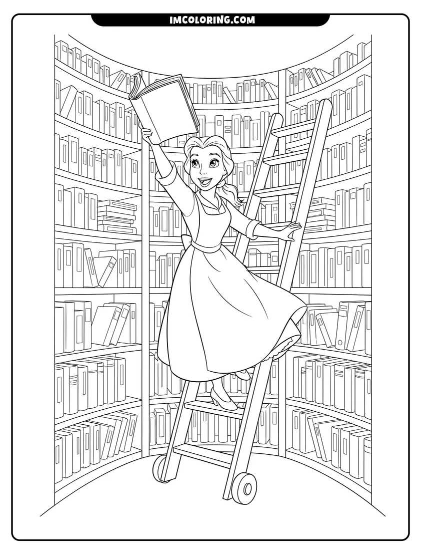 Outline of Belle on a library ladder holding a book on a white background