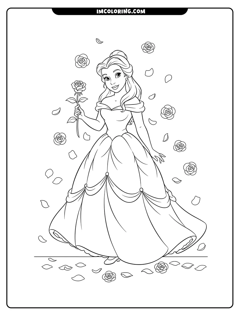 Printable coloring page featuring Belle holding a rose surrounded by falling petals