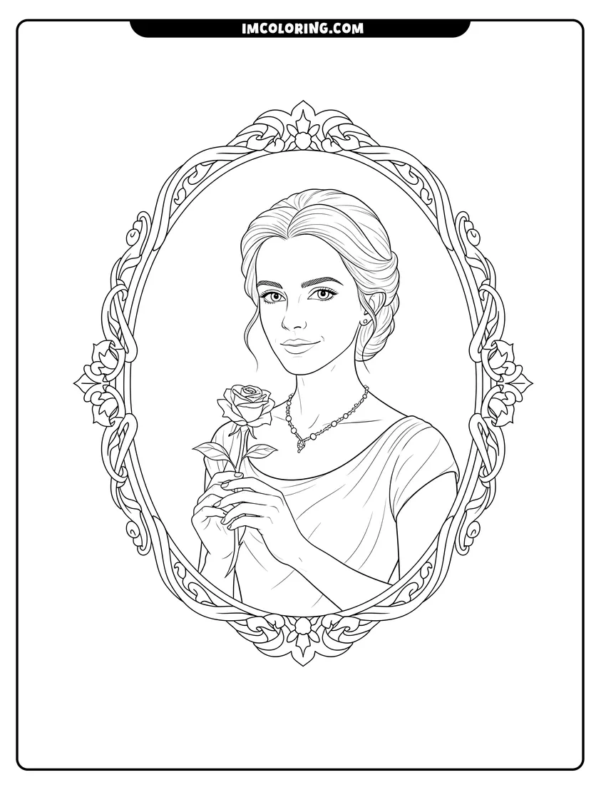 Printable Portrait of Belle with a branch necklace and rose coloring activity