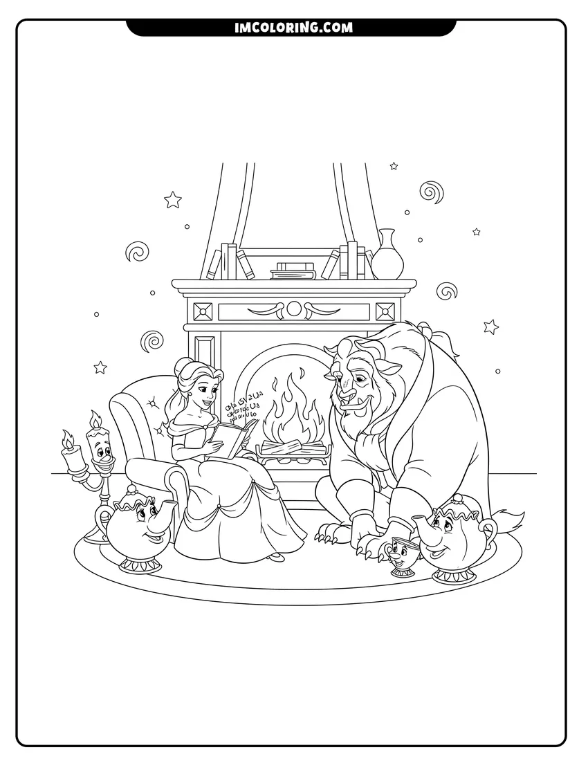Easy-to-color Belle reading to the Beast and friends by fireplace illustration