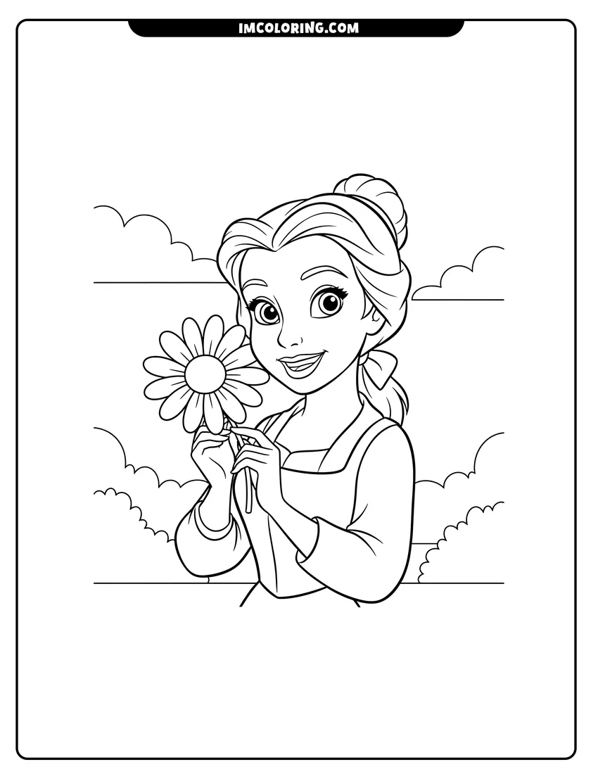 Simple sketch of Belle smelling a flower with clouds behind for children