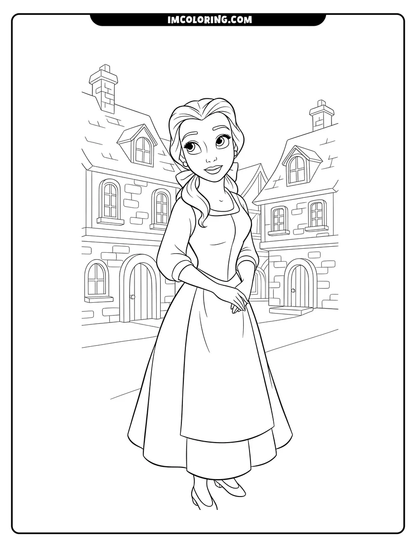 Line art depicting Belle standing in front of village stone buildings